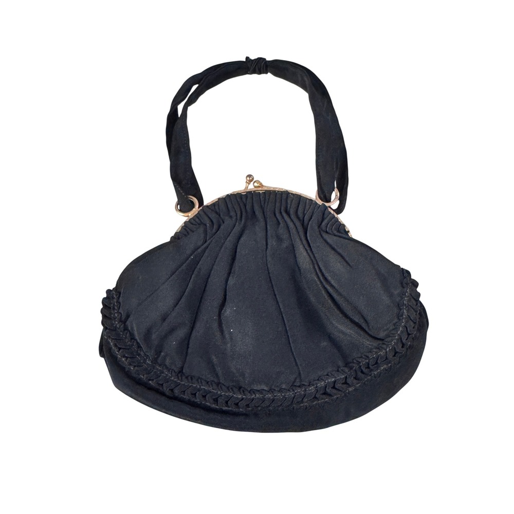 Vintage Garwood made in Canada Black Satin Kiss Clasp Evening Handbag Hobo